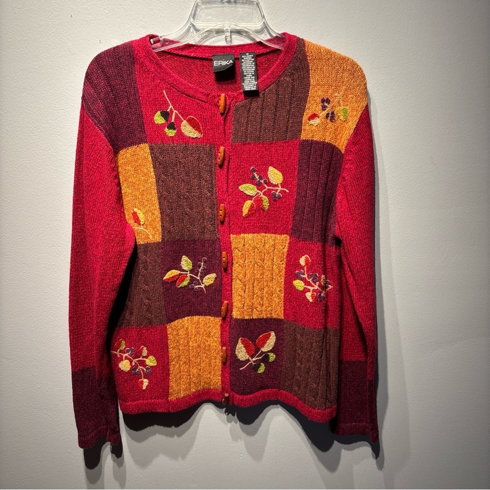 Erika Vtg Women’s SzM Embroidered Fall Floral Toggle Button Cardigan Sweater